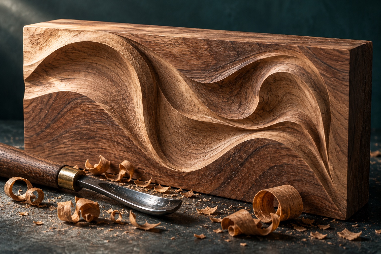 Illustrative abstract walnut relief with a carving gouge and wood shavings